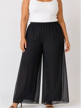 Alex Evenings Black Sheer Wide Leg Palazzo Pull On Formal Dress Pants